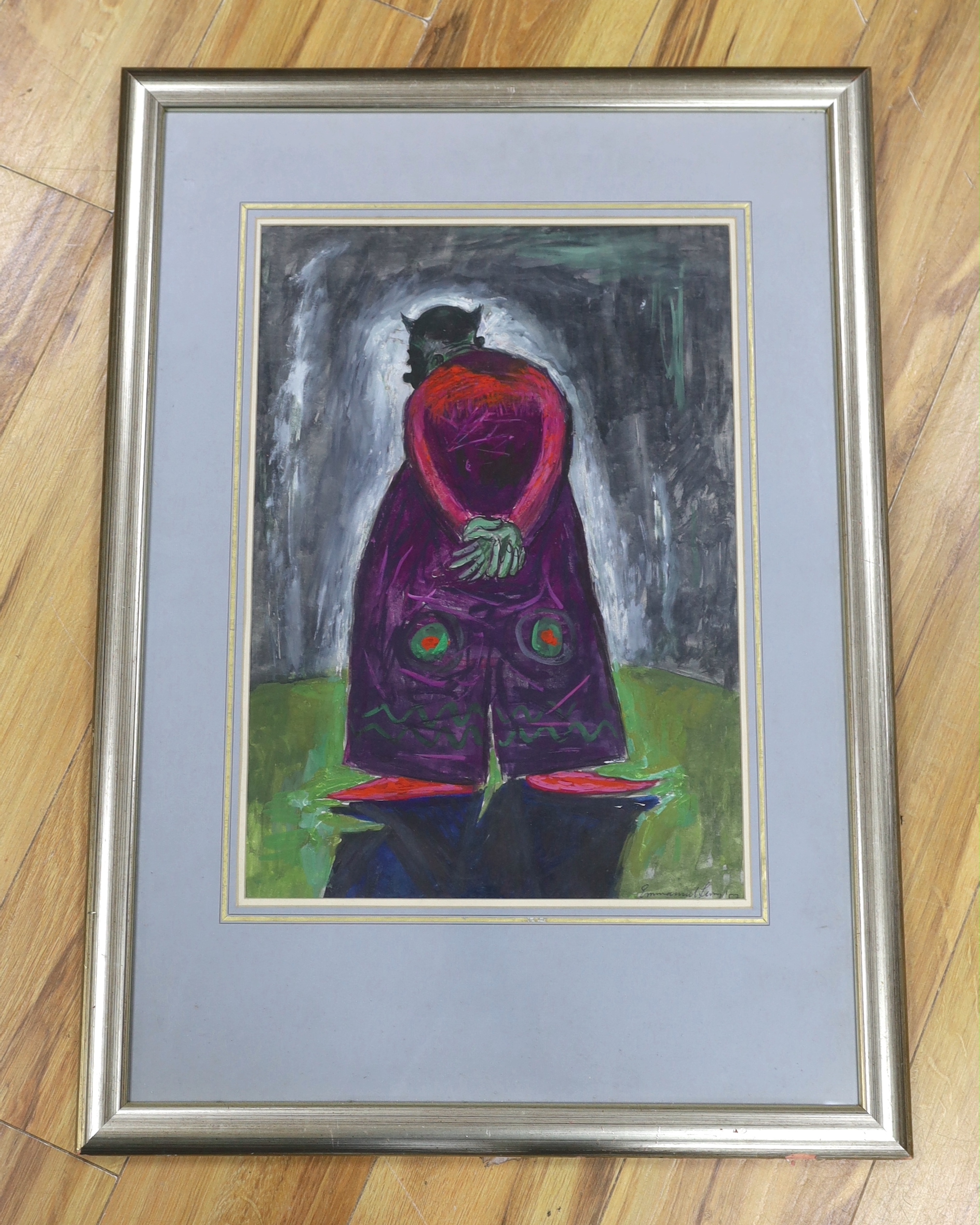 Emmanuel Levy (1900-1986), surreal mixed media, Full length study of a clown, signed and dated '57, 51 x 36cm